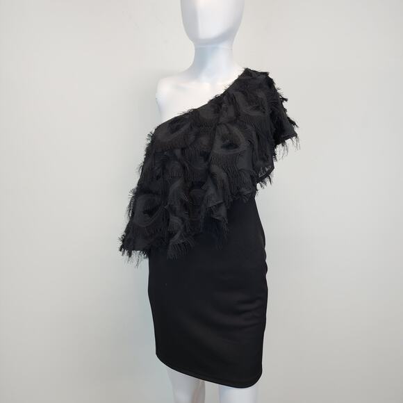 TCEC Asymmetric One Shoulder Black Dress Size S Fringe Evening New Years Party - Picture 1 of 16